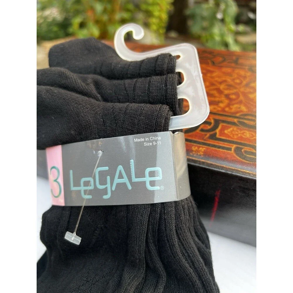 Deadstock Y2K LeGALe Black Crew Dress Socks 3 Set New Cable Knit Women Size 9-11